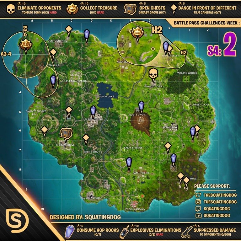cheet sheat 2 - Fortnite: Mapa de la Hoja de Trucos de Battle Royale para la Temporada 4, Desafíos de la Semana 2